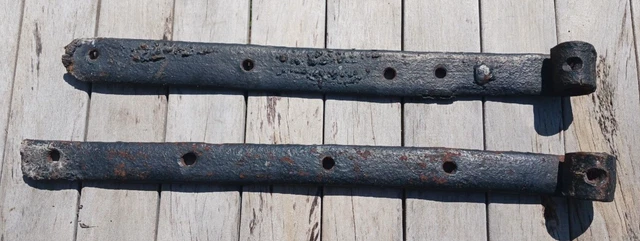 2 Large Vintage Strap Hinges Antique Hand Forged 25"L x 1 7/8"w & 23"L x 2 1/8"w 3