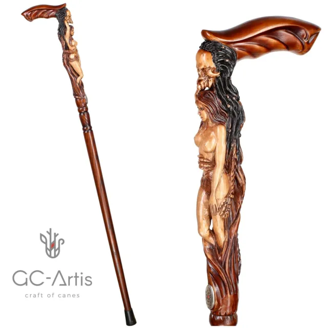 Monster walking stick cane wooden hand carved naked girl hiking staff for men