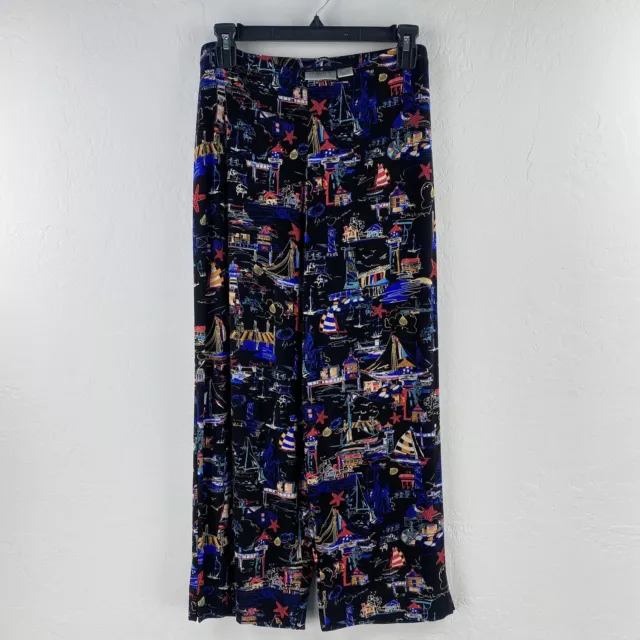 Chico's Travelers Size 1 Medium Slinky Cropped Pants Black Multi Print Pull On