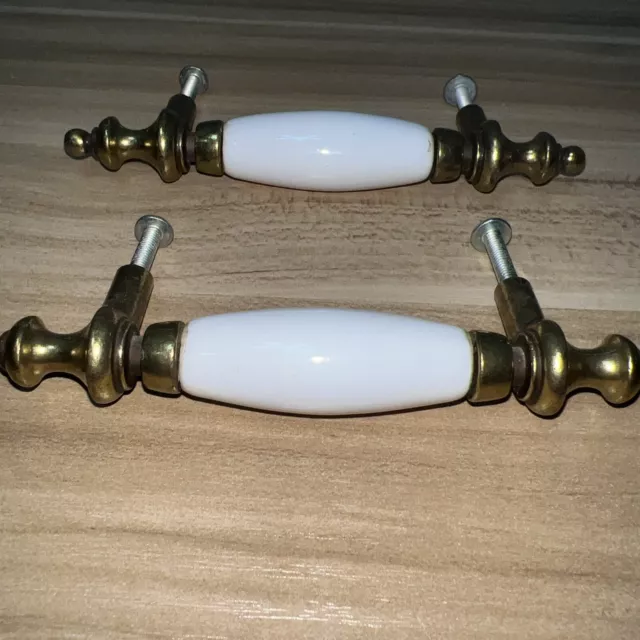 Single Vintage Keeler KBC Brass Porcelain Cabinet Drawer Pulls/Handles Set Of 2