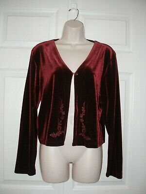 Women's Large Size 12 Burgundy Velvet Jacket Long Sleeves Glitter Leaf Decals
