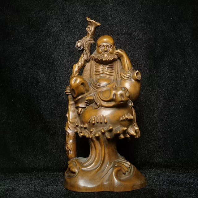 H 16.5 CM Old Chinese Boxwood Hand Carved Bodhidharma Buddha Figurine Collection