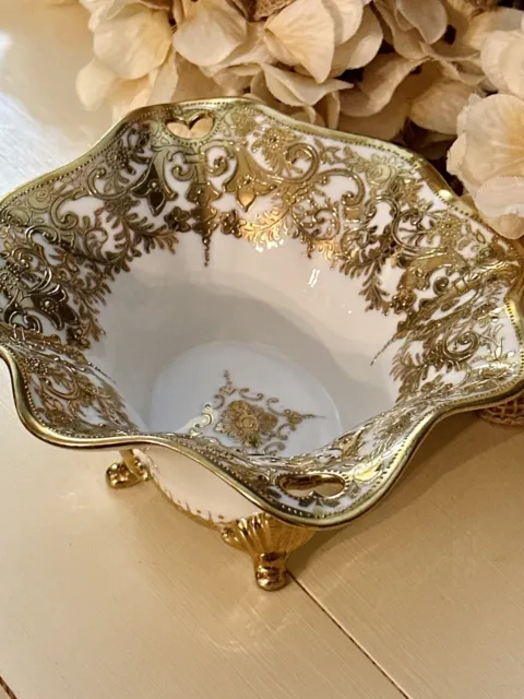 Antique Handpainted Stamped Nippon Noritake White/Gold Gilt Moriage Footed Bowl