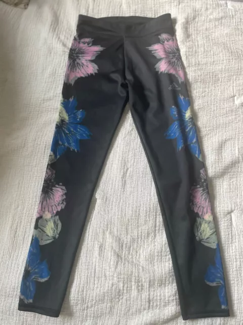 Adidas Leggings Girls Medium (10-12) Black Floral Aeroready EUC