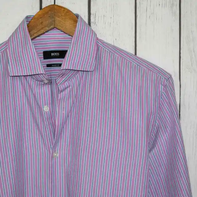 BOSS Sharp Fit Men's Button up Dress Shirt Purple Blue Striped Size 15 1/2