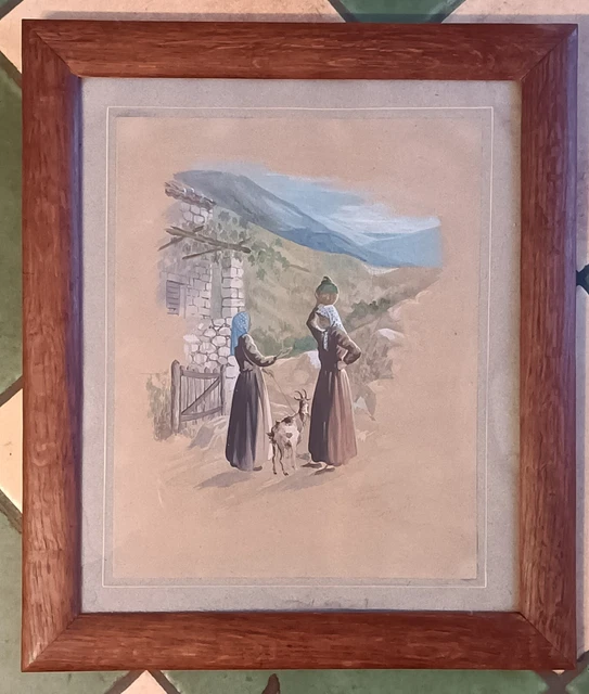 Tableau Aquarelle originale Corse 1949 Femmes dans la montagne signé
