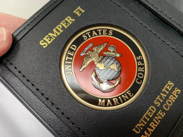 Semper Fi US Marine Corps Medallion Mens Black Leather Tri Fold Billfold Wallet