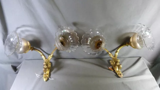 Large Pair of Louis XVI Style wall sconces in solid gilded bronze and tulip glas