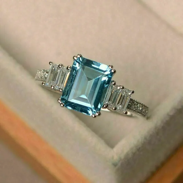 Emerald Cut Lab Created Aquamarine Diamond Engagement Ring 14K White Gold Plated