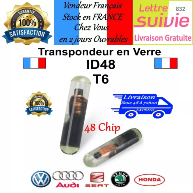 Puce transpondeur  ID48 T6 VIERGE EN VERRE VOLKSWAGEN AUDI SKODA SEAT HONDA..