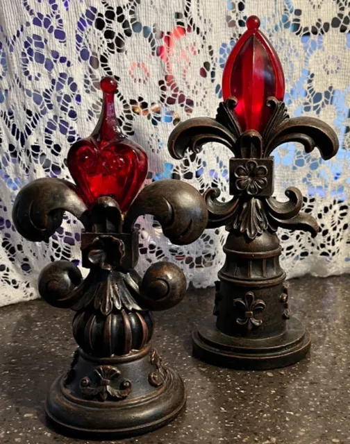 Fleur De Lis Home Decor On Pedestal cast resin plastic red jewels