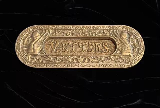 Vintage Cast Bronze Door Letter Slot Ornate Flowers and Animals Design