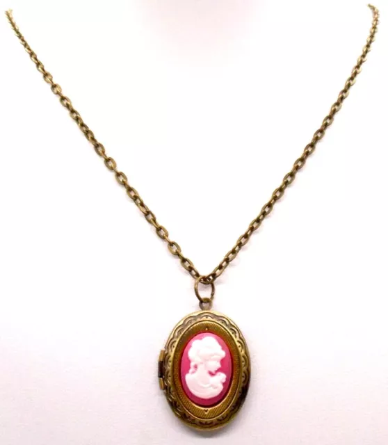 1x Antique Bronze Photo Locket with Pink Resin Cameo Pendant Chain Necklace