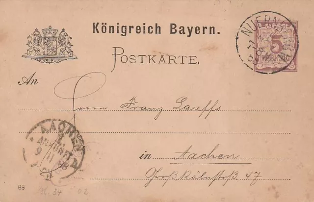 Allemagne Bayern Entier Postal Circule 8.11.1888 Etat Correct