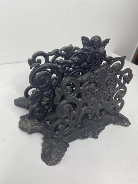 Vintage Antique Black Cast Iron Napkin Letter Holder Angel Cherub Ornate 3