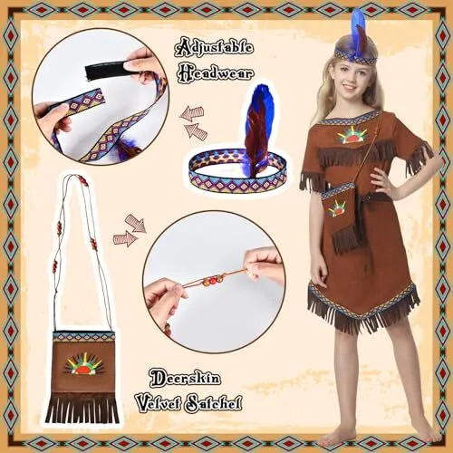 WELLCHY Indianer Kleid mit Indianer Kopfschmuck Feder Indianer Kostüm Kinder ... 2