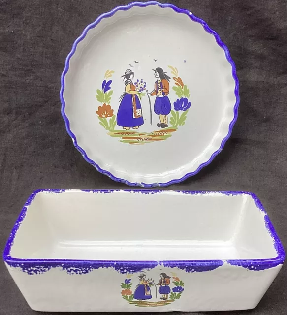 Pair of Vintage Illustrated Breton Pottery Henriot Quimper Oven Dishes