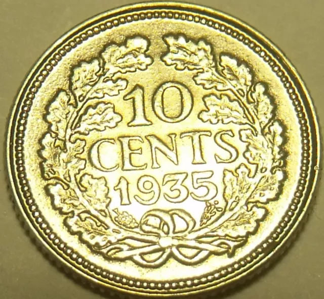 Rare Gem Unc Silver Netherlands 1935 10 Cents~Fantastic