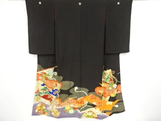 02404# Japanese Kimono / Antique Tomesode / Screen With Fan & Flower