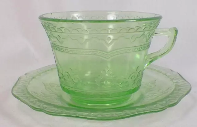 Patrician Cup & Saucer Green Depression Glass Federal Vintage Nice