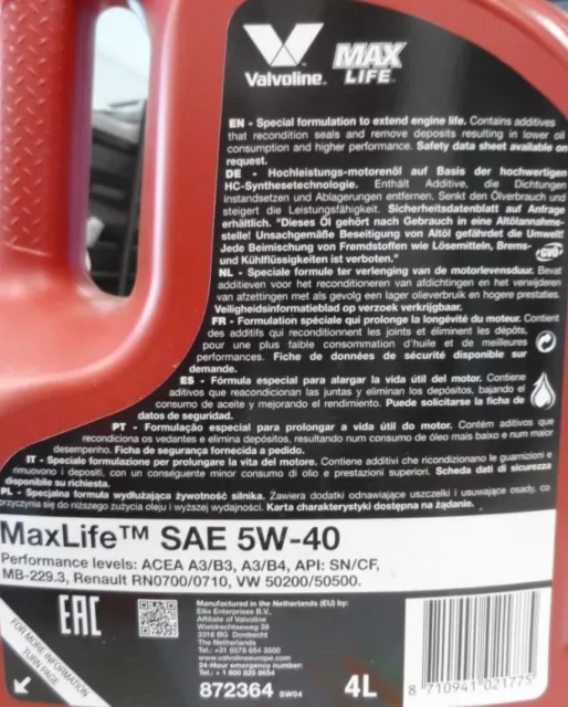 5 LITRI (4L + 1L) VALVOLINE Max Life Maxlife OLIO MOTORE OLIO SAE 5W-40 5W40 OIL 2