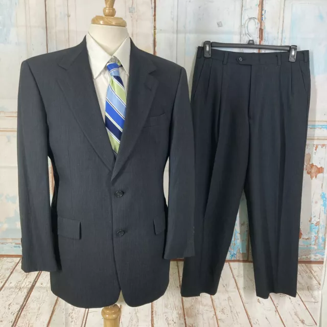Vintage Hart Schaffner Marx Mens 38 Suit 2 Pcs Blue Gray Stripe 34X29 Pleated
