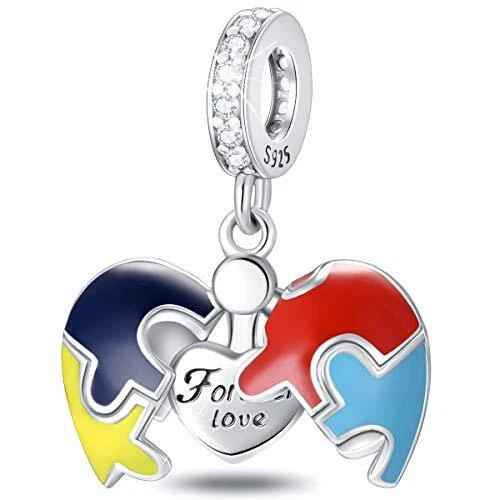 EMOSTAR Opened Heart-Shaped Autism Awareness Charms, 925 Sterling Silver Dang...