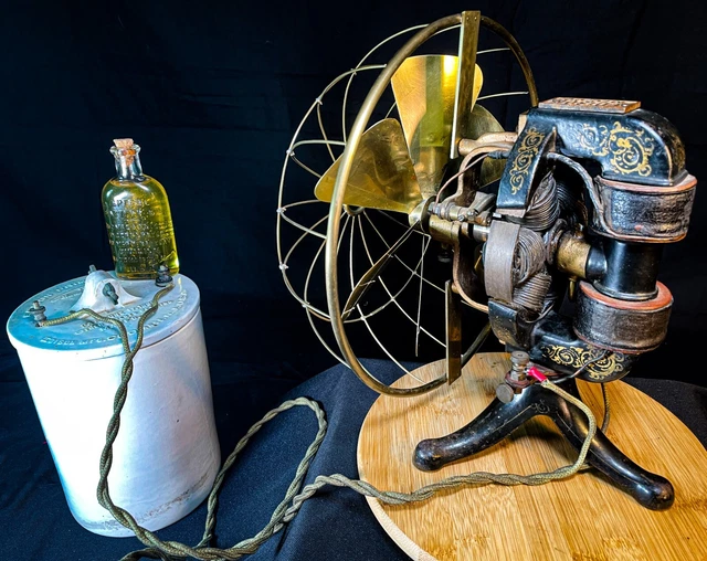EDISON *SUPER RARE* C-FRAME BIPOLAR 6V DC BATTERY FAN w/ BATTERY JAR (ca. 1895)