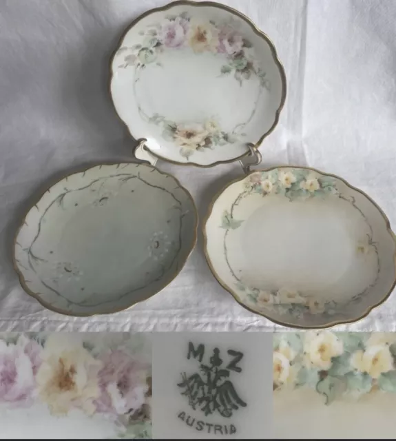 MZ Austria 3-Dessert Plates Pink Green Yellow Floral~Hand Painted c1900 (F10)