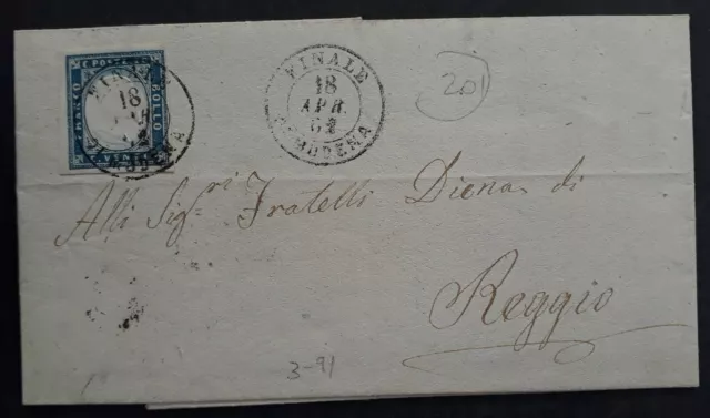 RARE 1862 Sardinia Italy Folded Letter ties 20c blue stamp cancelled Finale