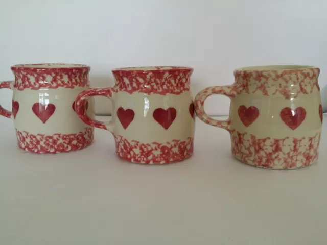 SET of 3- Henn Pottery Country Red Heart Coffee Cups Mugs Roseville Sponge Ware