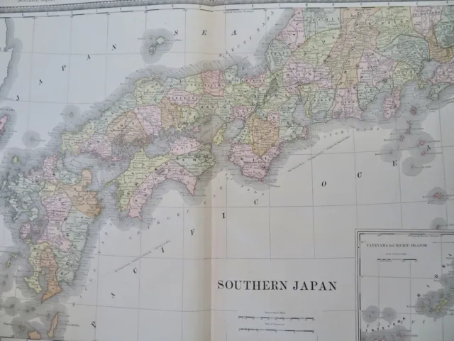 Southern Japan Honshu Kyushu Ryukyu Tokyo Kyoto 1882 uncommon color large map