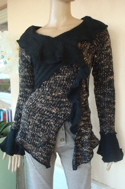 Pull Léger Asymétrique Gris Clair Imprimé Bleu - 30% Mohair - Taille 36/38 - Neuf Avec étiquettes