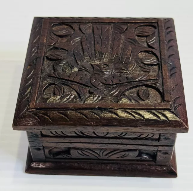 Vintage Small Black Forest Box Hinged Hand Carved Wood Bird Trinket 3”x3”x2”T