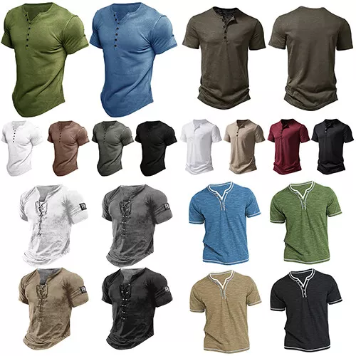 T-Shirt Henley Da Uomo Tinta Unita Manica Corta Collo A Nonno Top Casual ▼
