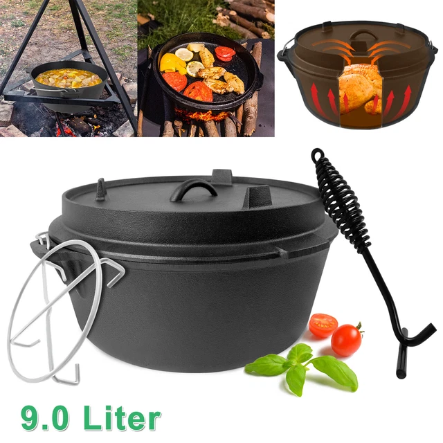 Dutch Oven Set Feuertopf 9,0 Liter Gusseisen Topf BBQ Schmortopf mit Deckelheber