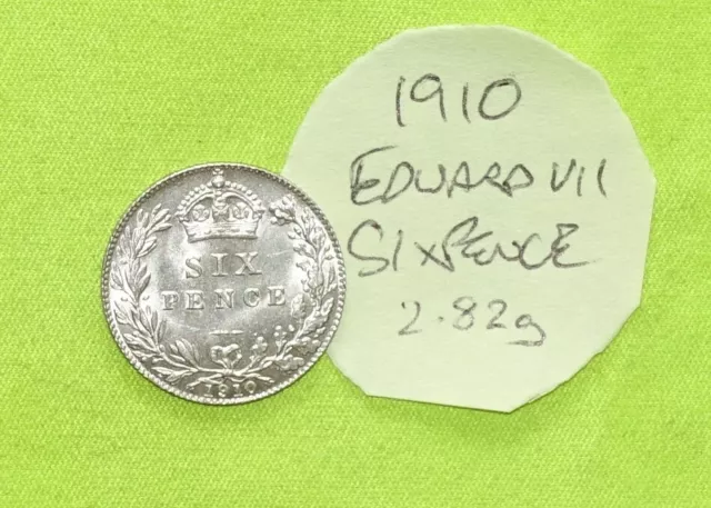 1910 -{aUNC}- Silver SIXPENCE 6d Coin Edward VII (1901 - 1910) 2.82grams ESC1794