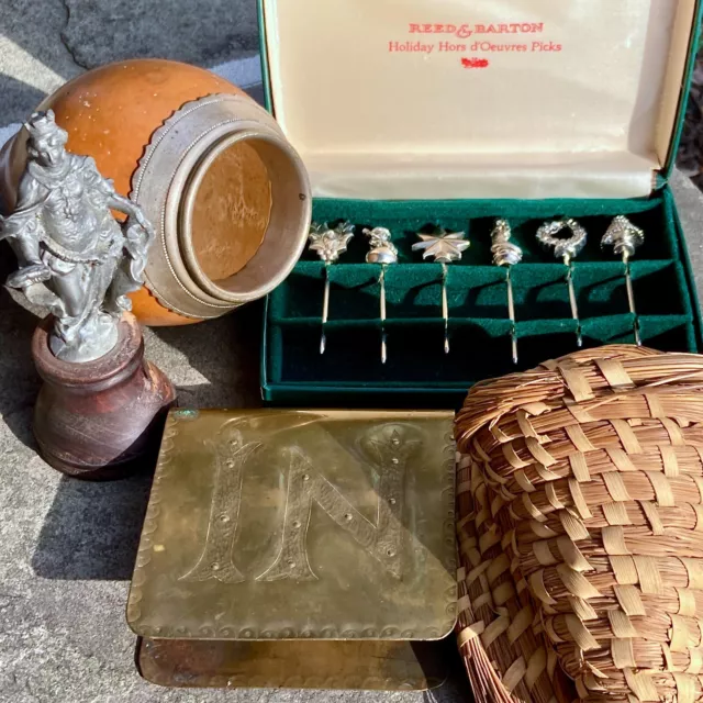 vtg LOT Yerba Mate GOURD Metal figure Xmas PICKS Brass holder GULLAH wall pocket