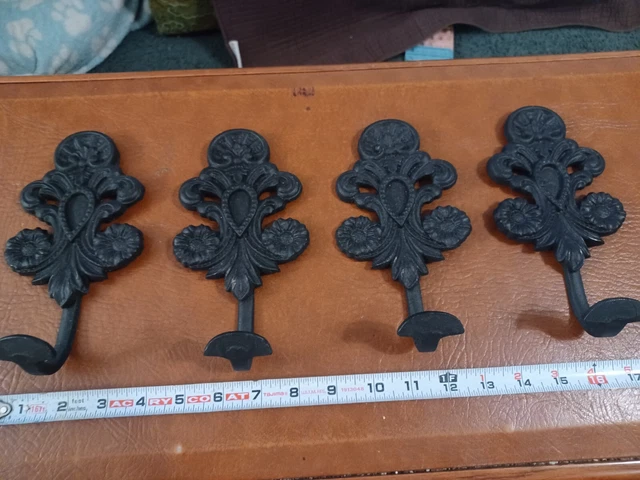 4 LARGE HARNESS HOOKS RACK COAT HAT WALL CAST IRON BARN BLACK 7 1/2" LONG  (t6)
