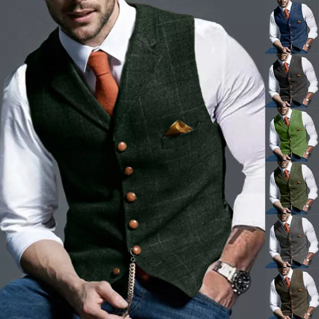 Mens Suit Vest Plaid Waistcoat Men Retro Wool Tweed Formal Coat Casual V Neck