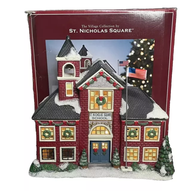 St Nicholas Square Village Collection School 2008 Illuminated Christmas w/ Flag