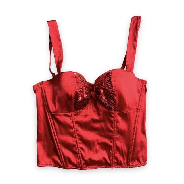 Y2k 00s Top Corset Red Satin Look Sequin Strappy Vest