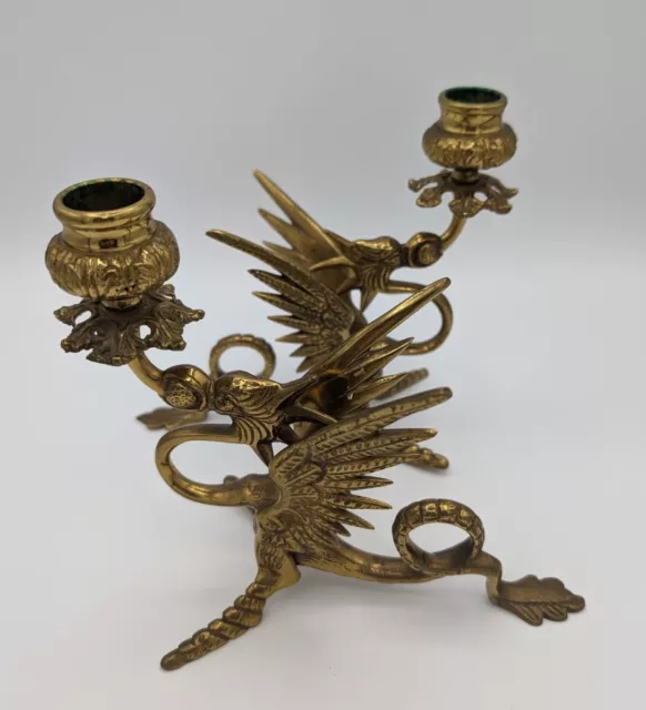 Antique Brass Dragon Candlestick Holder Pair