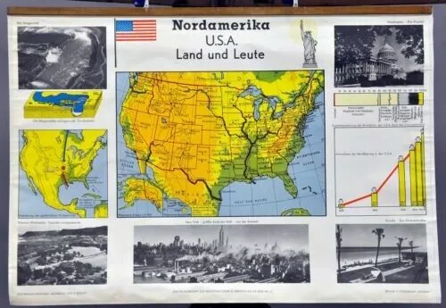 Schulwandkarte Rollbild vintage Poster Nordamerika USA New York Washington