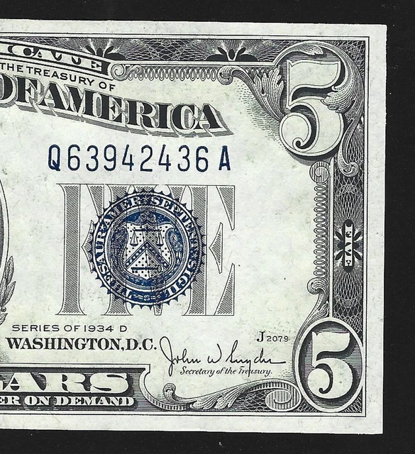 1934 D $5 Silver Certificate Choice Uncirculated Blue Seal