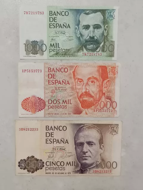 Lote De 3 Billetes De 1000, 2000 Y 5000 Pesetas. 1979 Y 1980