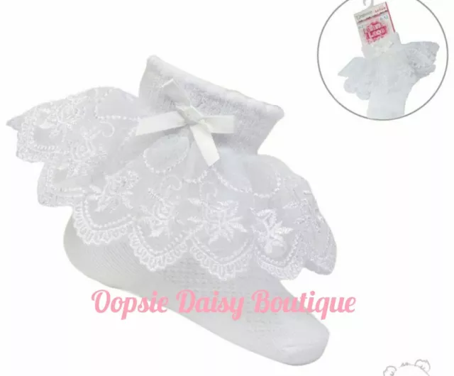 Baby Girls White Frilly Ankle Socks Ribbon & Lace 💗