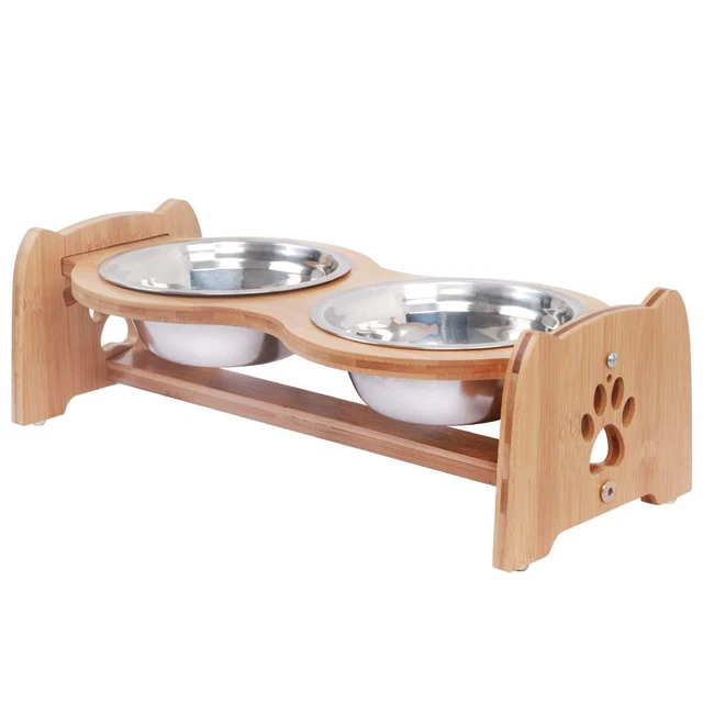 Raised Pet Bowls for Cats and Dogs, Adjustable Bamboo Elevated Dog...
