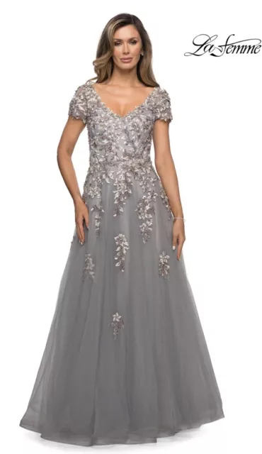 NWT LA FEMME Embroidered & Beaded Tulle A-Line Gown Dress Grey Sz 12 $639