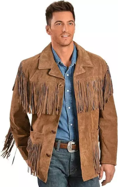 Men American Native Western Cowboy Leather Jacket Suede Fringes